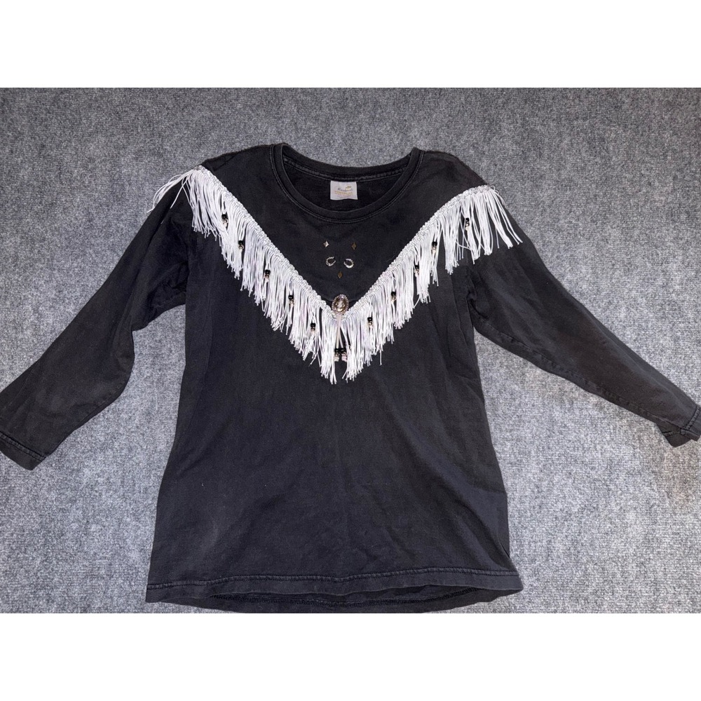 Hazelwoods Premium Western Fringe Studded 3/4 Sleeve Shirt Black Medium USA